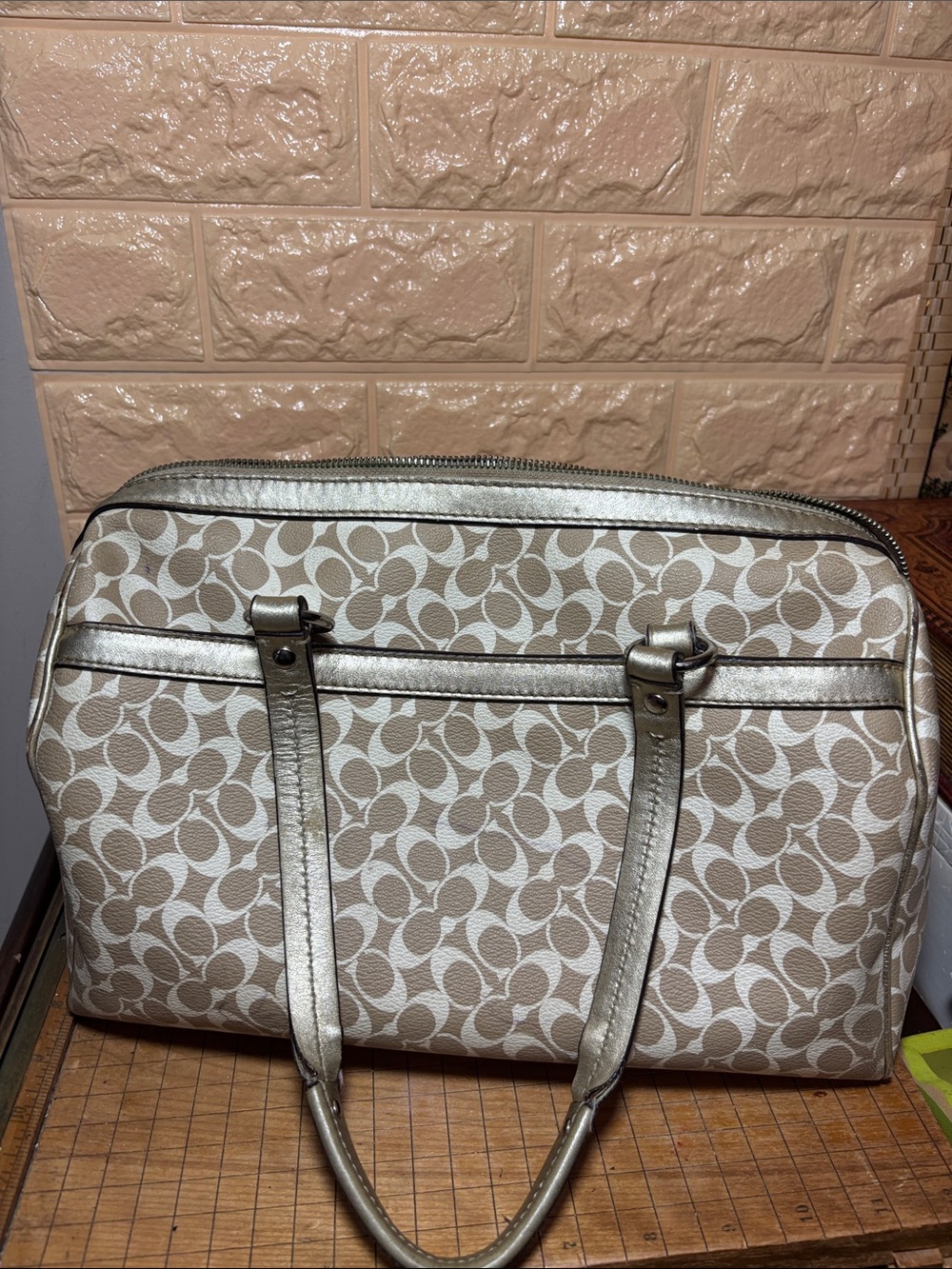 Coach Chelsea Heritage Signature Stripe Satchel Bag in Light Khaki and Silver - Picture 6 of 17